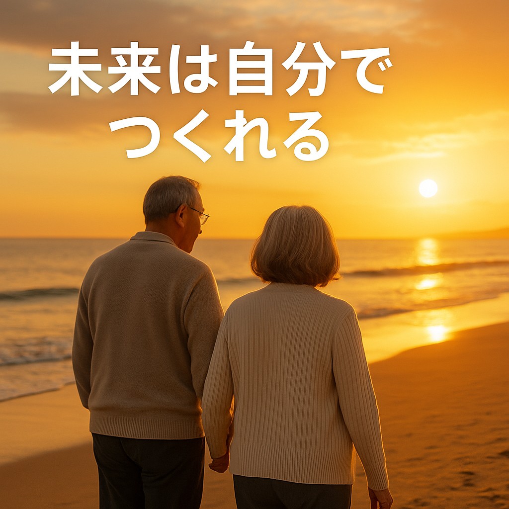 ニア夫婦が海辺の夕陽を見ながら並んで歩く姿