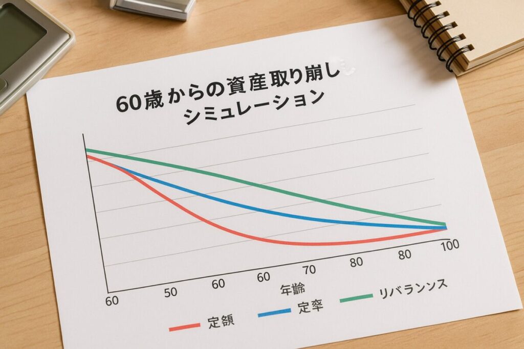 「定額」「定率」「リバランス」の3曲線グラフを比較するイメージ図