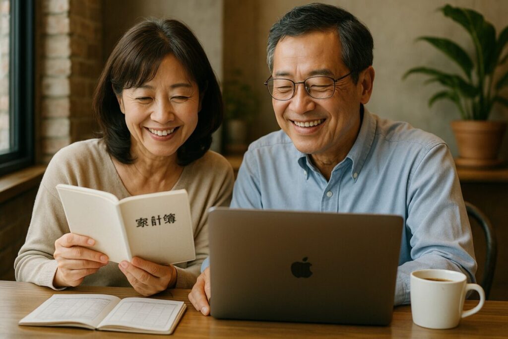 カフェでノートPCと家計簿を開き、笑顔で確認する日本人夫婦
