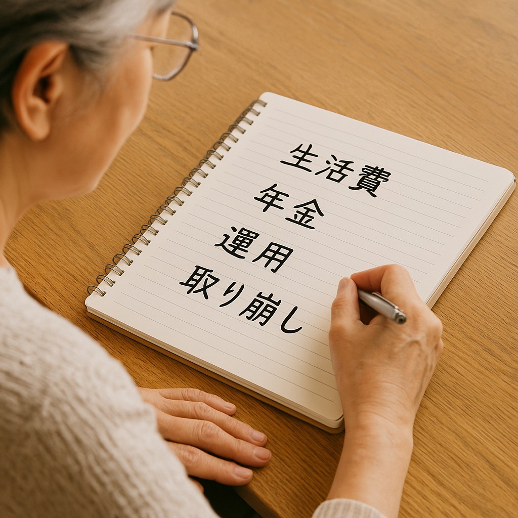 ノートに「生活費・年金・運用」と書かれたページを見直しているシーン