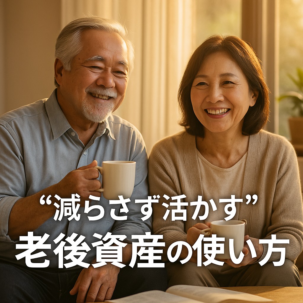 夕日が差し込むリビングで、穏やかにお茶を飲むシニア夫婦