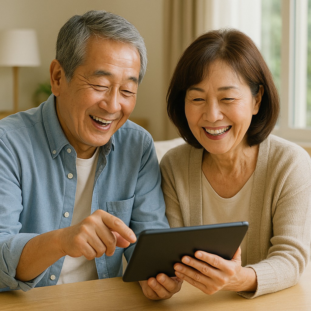 60代前後の日本人夫婦がリビングでタブレットを見ながら笑顔で操作している