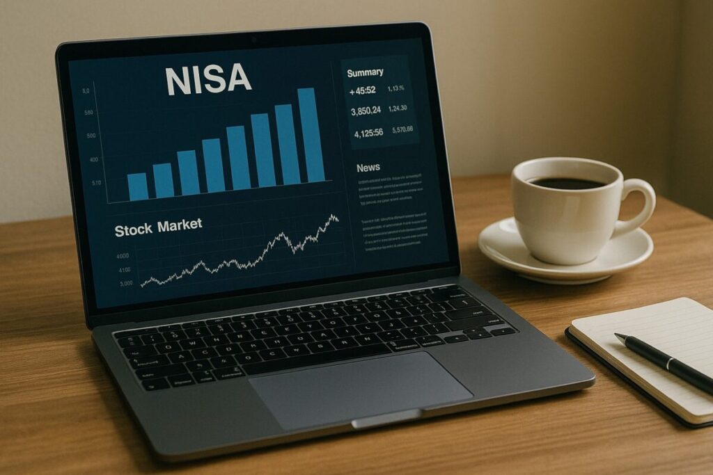 ノートPCの画面にNISAグラフや株価チャートが表示され、隣にコーヒーカップとノートがあるデスクシーン