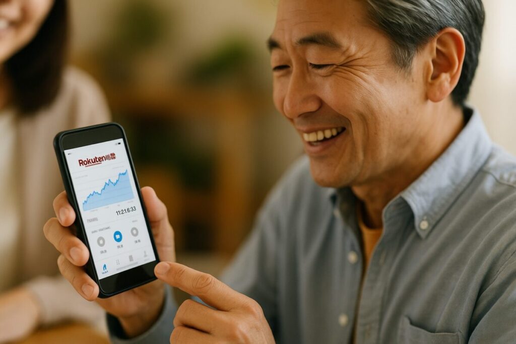 スマホで楽天証券アプリを操作する中年男性（または夫婦）、笑顔でグラフを確認している