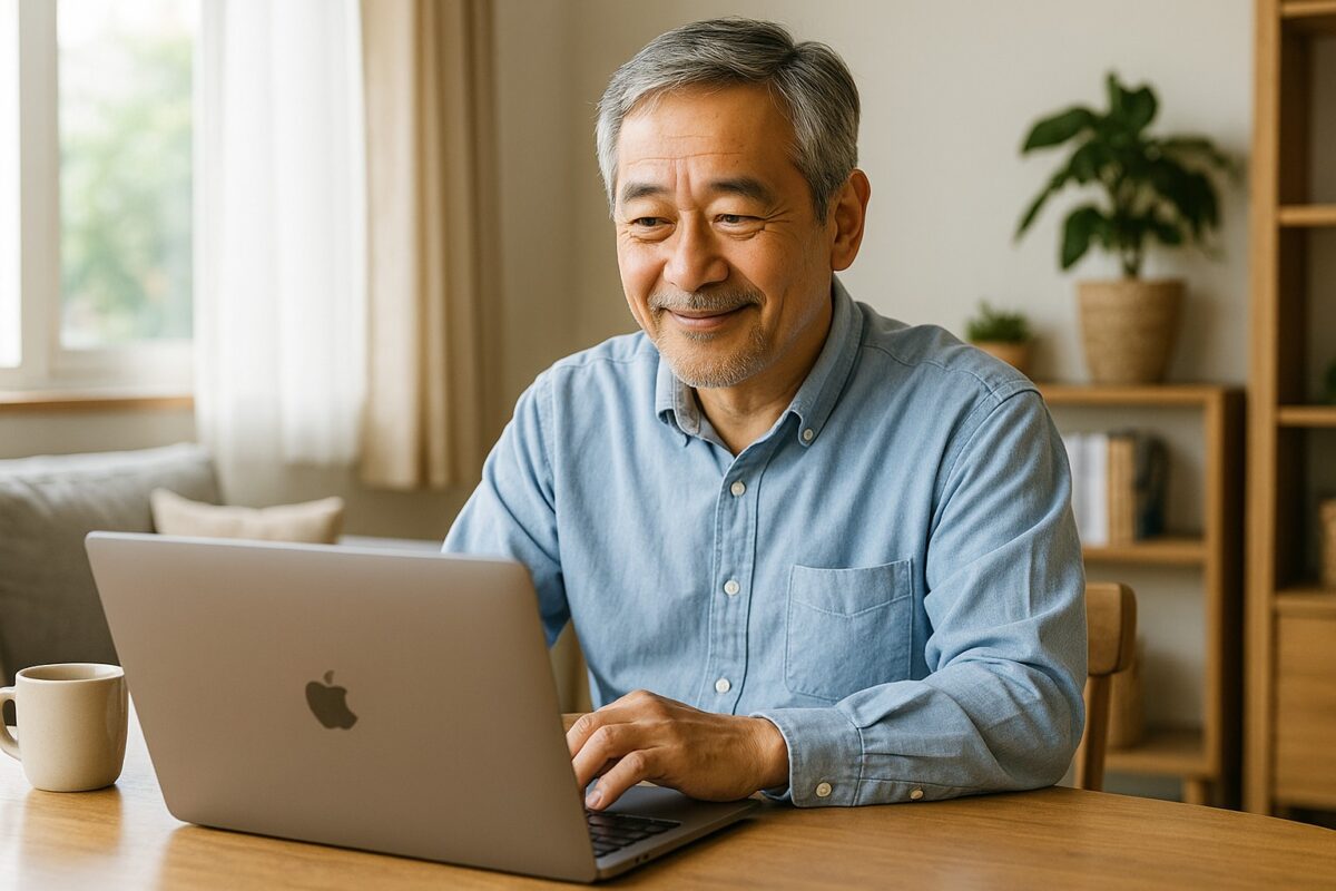 在宅でノートPCを操作する60代男性(明るいリビング、コーヒー、穏やかな表情)