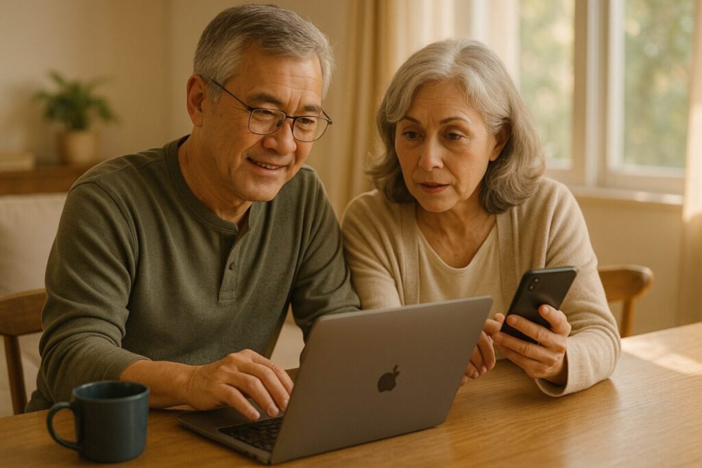 夫婦でパソコンやスマホを見ながら相談している様子(柔らかな朝の光)