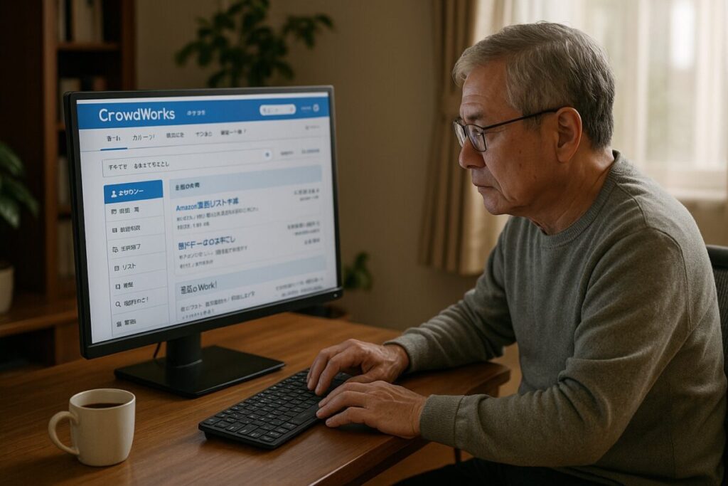 自宅のデスクで仕事をするシニア男性と、モニターにクラウドワークスの画面風UI