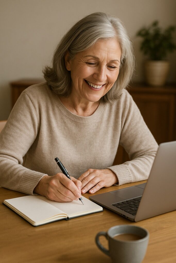 ノートにメモを取りながら笑顔で作業するシニア女性