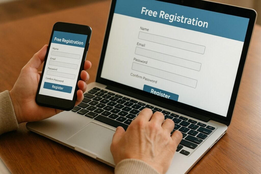 スマホ・ノートPC画面を見ながら登録フォームに入力している手元アップ