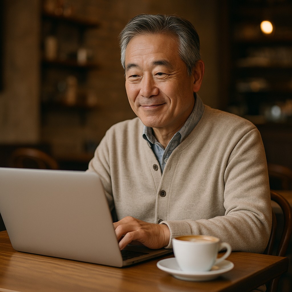 喫茶店でノートPCを開いているシニア男性(リラックス感・余裕ある表情)