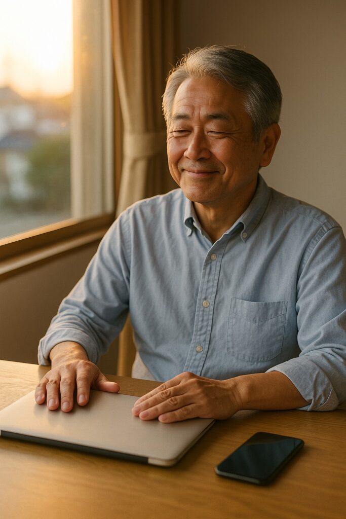 朝日を浴びながらノートPCを閉じ、満足そうに微笑むシニア男性