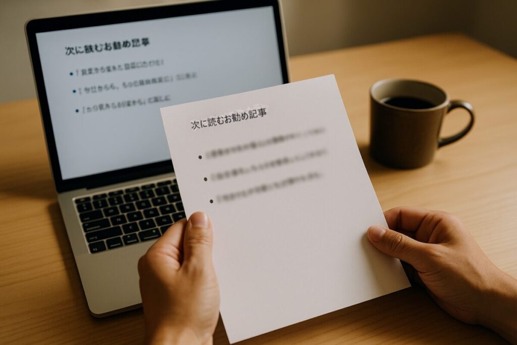 デスクに置かれたノートPCとコーヒー、記事リストを眺める手元