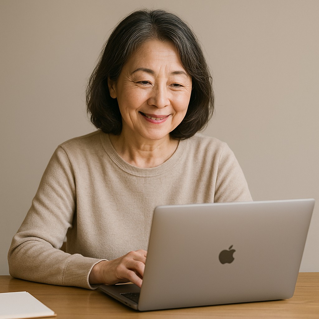 シンプルなノートPC画面を見ながら微笑む60代の女性、落ち着いた色味のデスク環境