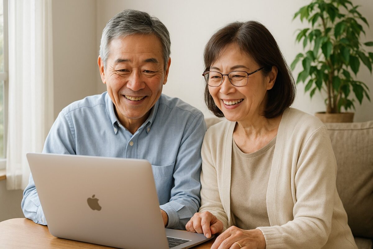 リビングの明るい窓辺でノートPCを開き、笑顔で画面を見るシニア夫婦