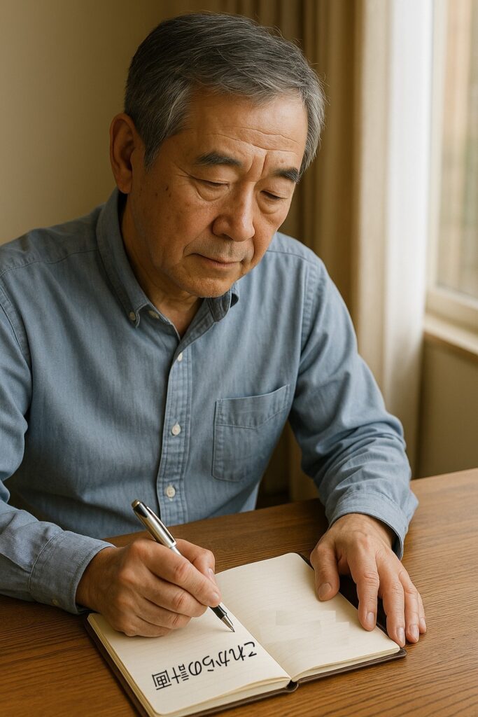 手帳に“これからの計画”と書く60代男性