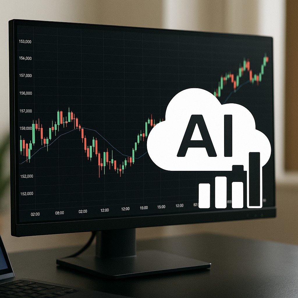 ディスプレイに為替チャートを映し、横でAIアイコン(グラフ付き)を重ねた構成
