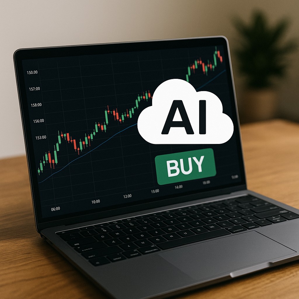 ノートPCにチャート画面を映し、AIが提案を表示しているイメージ