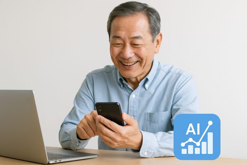 スマホを確認しながら笑顔の男性