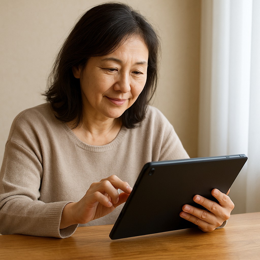 落ち着いた雰囲気でタブレットを操作する女性