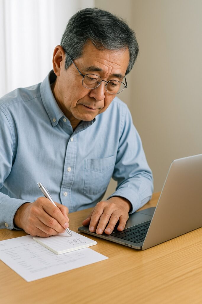ノートPCの前で計算メモを取るシニア男性
