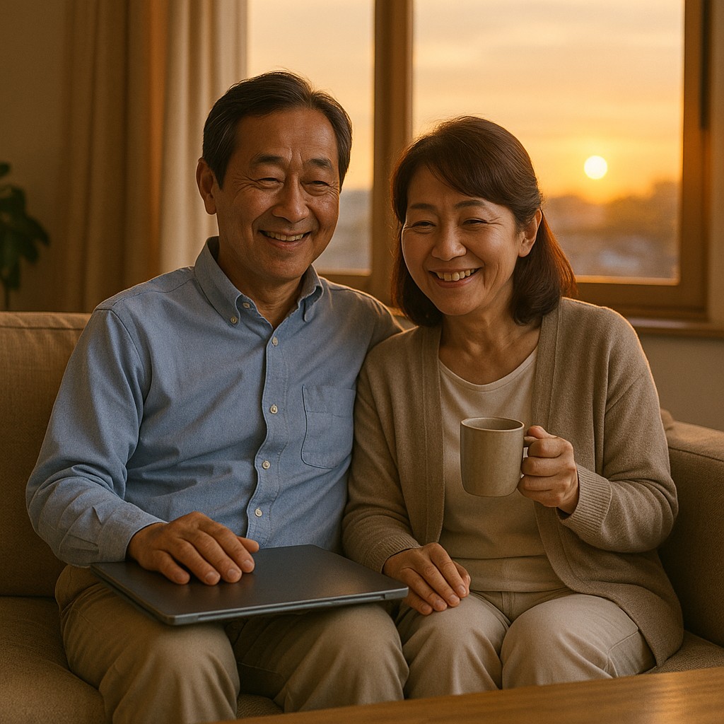 夕暮れ時のリビングで、ノートPCを閉じて微笑むシニア夫婦
