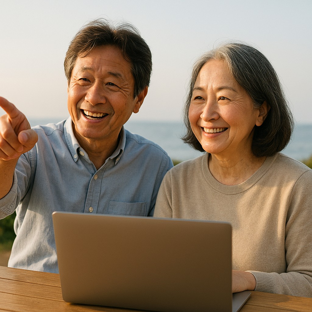 未来を見据えて話すシニア夫婦、背景に自然や海、ノートPCを閉じて笑顔