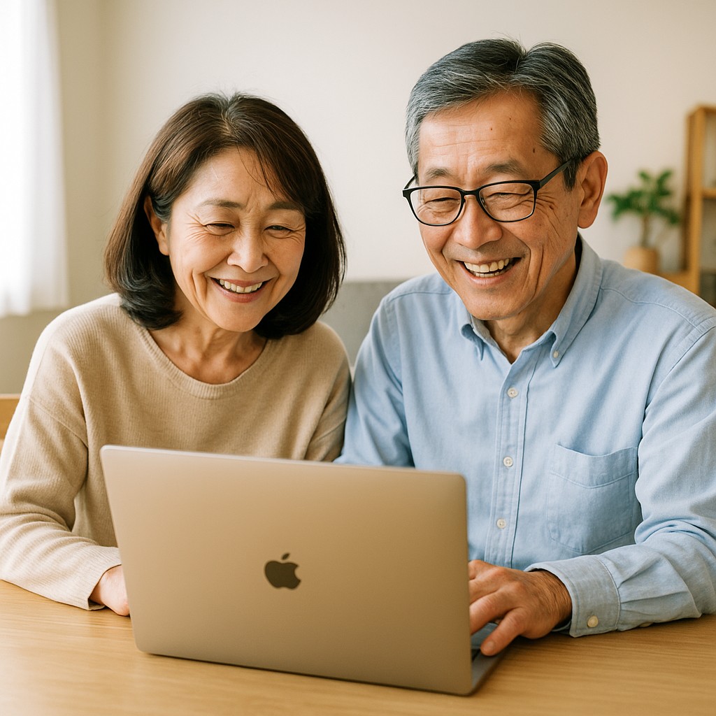 ノートPCを操作する60代夫婦(明るい自宅で笑顔)