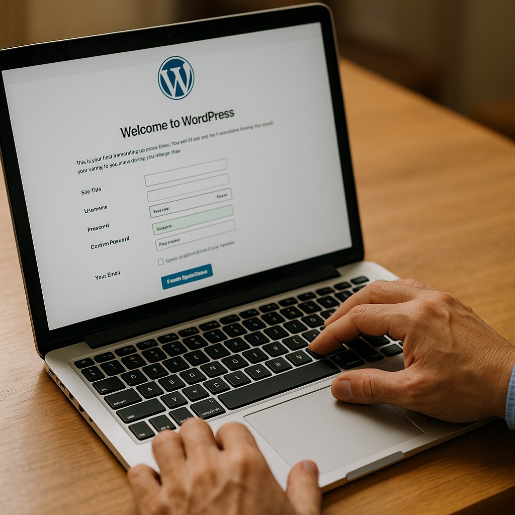 ノートPC画面にWordPressの初期設定画面が映り、操作する手元