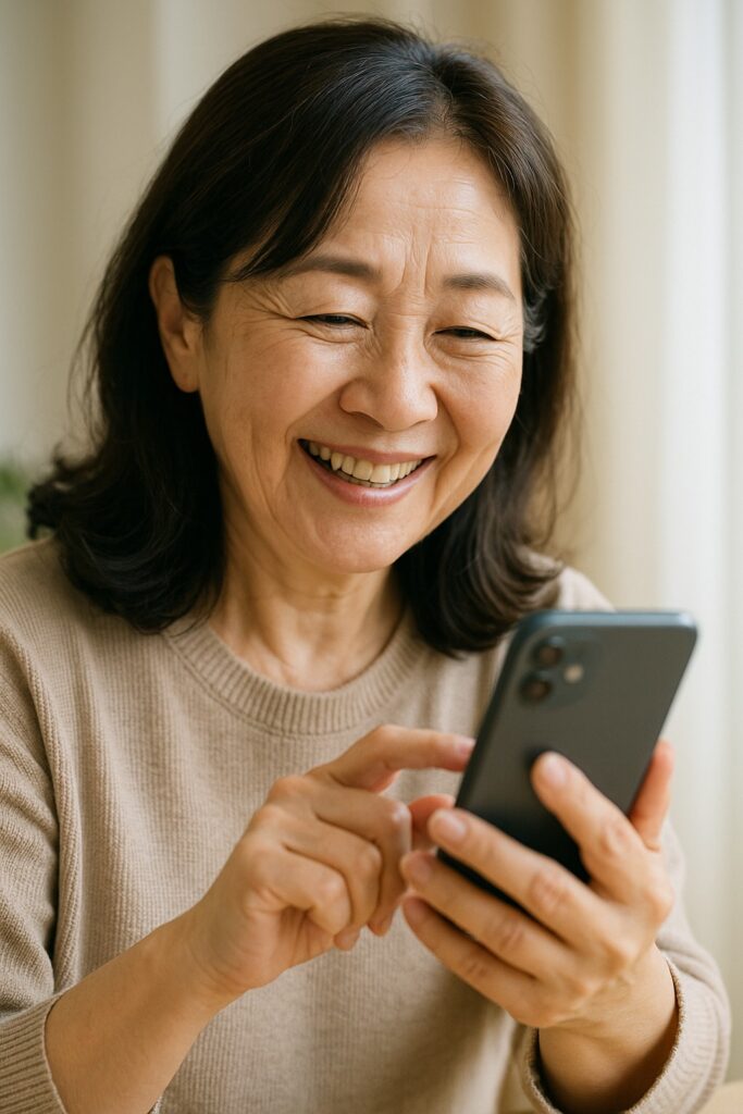 イメージ画像をリアル風で作成してください。 笑顔でスマホを操作する60代女性