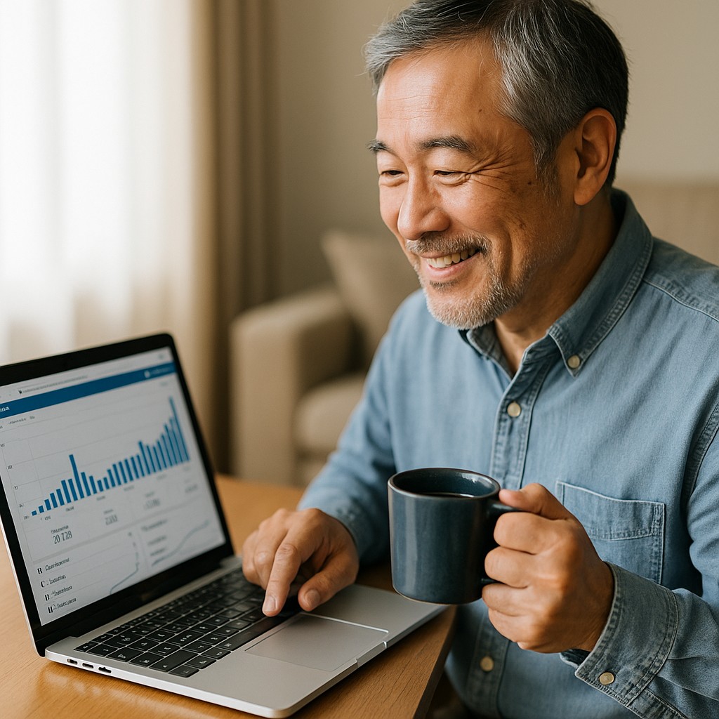 コーヒーを片手にブログアクセスを確認して微笑むセミシニア男性