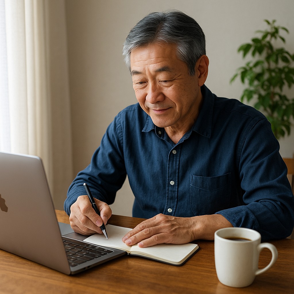 シニア男性がノートにメモしながら記事構想を練る姿