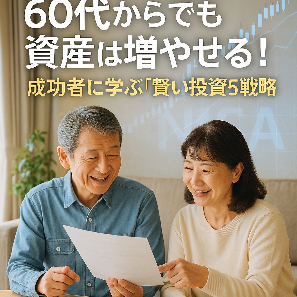 60代男女が明るいリビングで資料を見ながら笑顔で相談している 背景に上昇する株チャートや「NISA」などのモチーフをうっすら重ねる