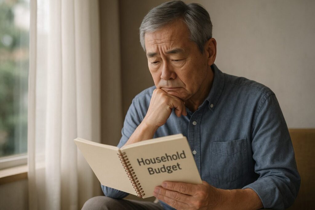 落ち着いた雰囲気の60代男性がパソコンで株価チャートを確認しながら笑顔。 デスク横にコーヒー、メモ帳、眼鏡などリアルな生活感。