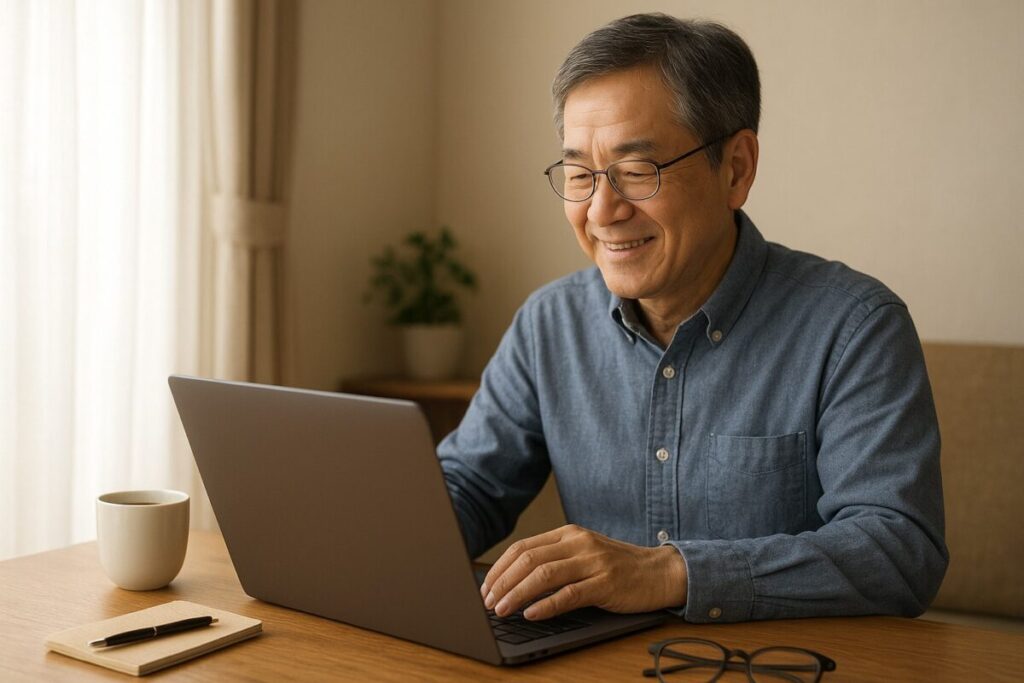 落ち着いた雰囲気の60代男性がパソコンで株価チャートを確認しながら笑顔。 デスク横にコーヒー、メモ帳、眼鏡などリアルな生活感。