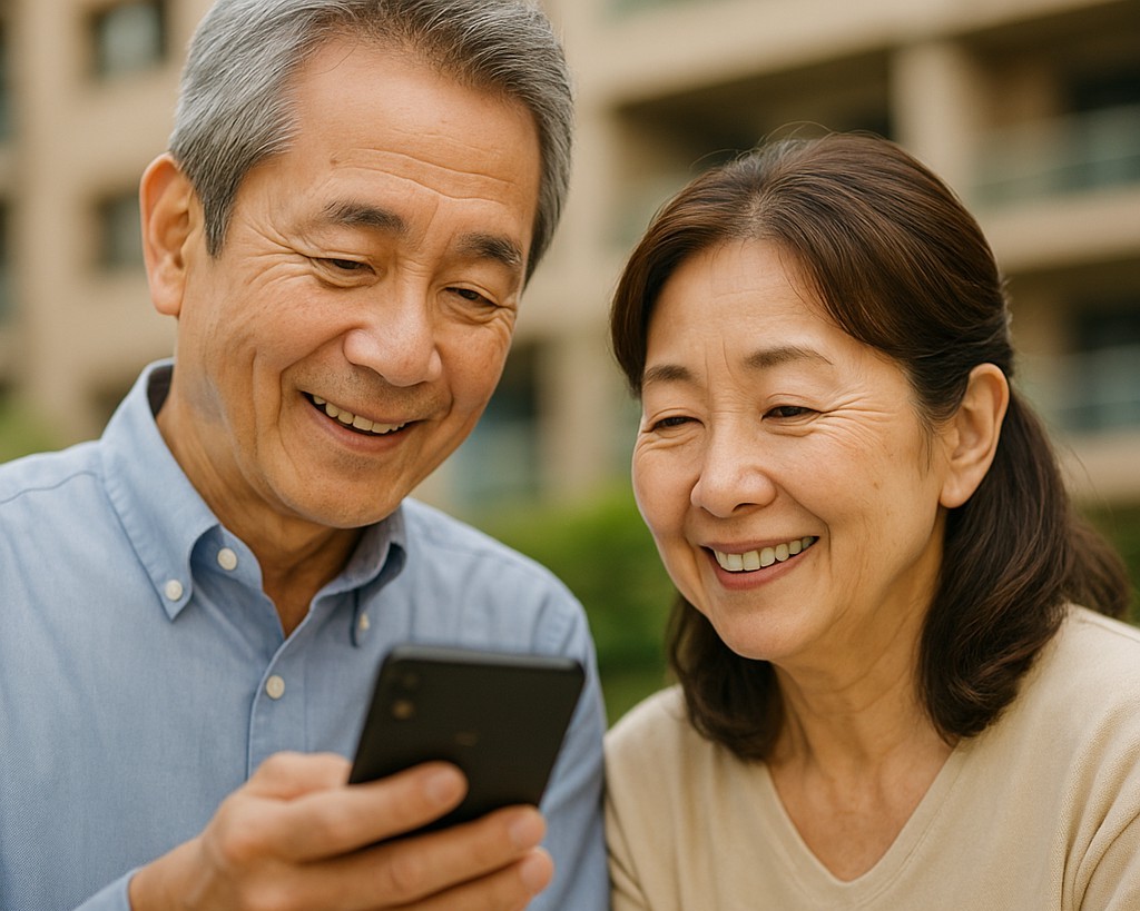 シニア男性がスマホを閲覧し、横で妻が笑顔でうなずく。 背景にアパートや建物のぼかし写真。
