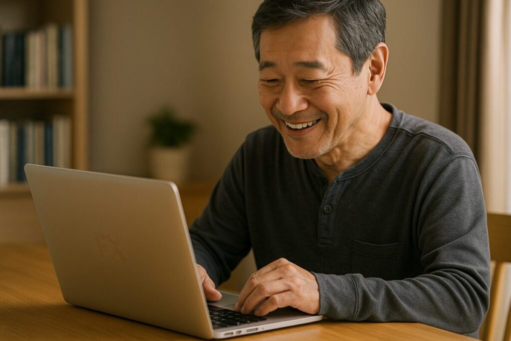 落ち着いた部屋でノートPCを開き、FXチャートを見ながら「お、小さく利益出たぞ」と笑顔のシニア男性。