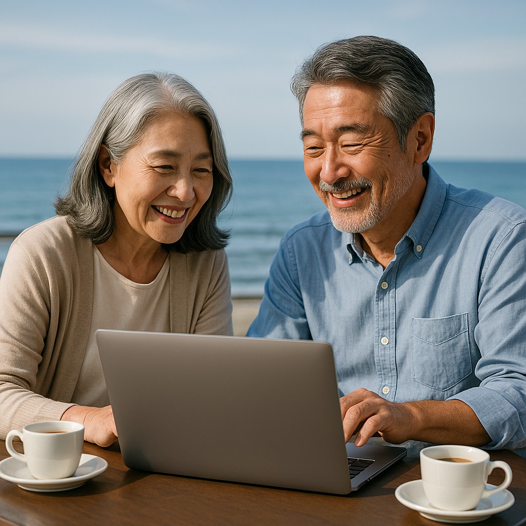 60代夫婦が海辺のカフェでノートPCを見ながら談笑。 背後に穏やかな海と明るい空。
