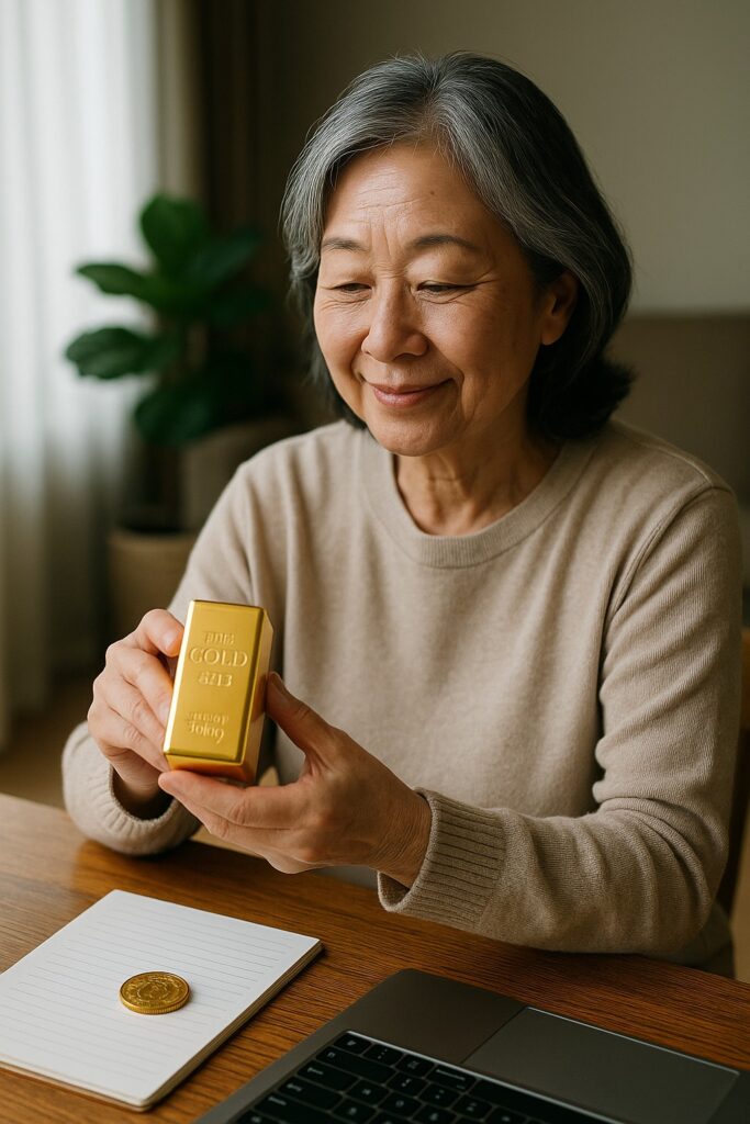 68歳のシニア女性が、自宅の書斎で金の延べ棒や金貨を見つめながら穏やかに微笑むシーン。
