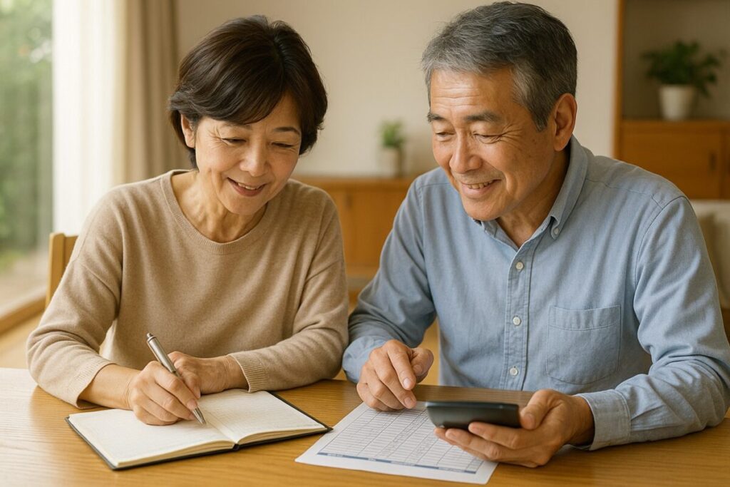 夫婦が退職後の家計を一緒に考えている様子
