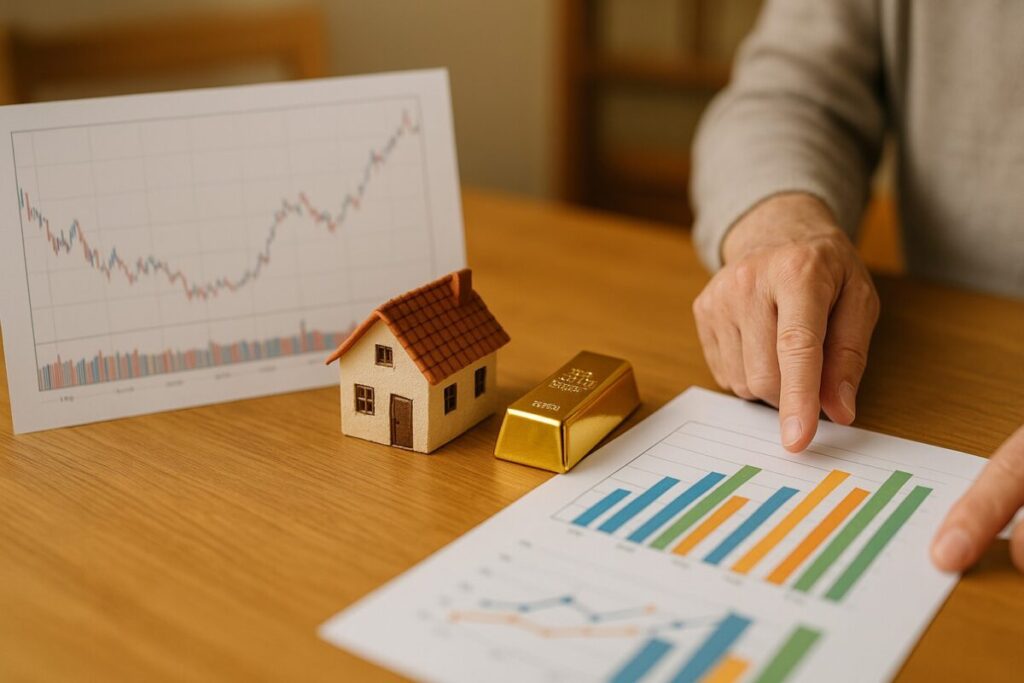 退職金を分散投資で運用するイメージ（株・不動産・金）