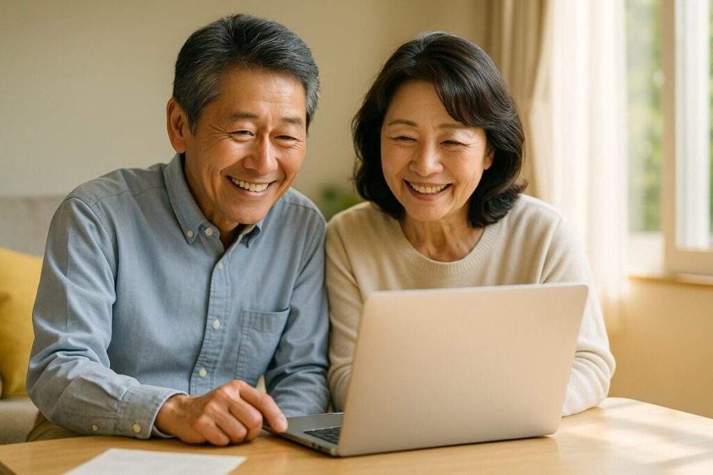 配当金グラフを見て喜ぶ60代夫婦