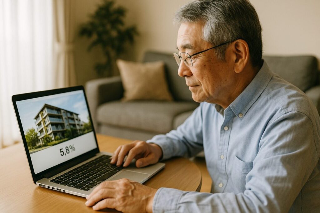 不動産クラウドファンディングをチェックする60代男性