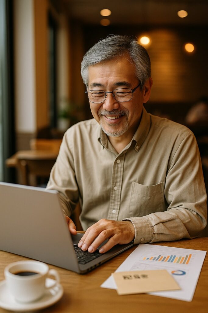 カフェでパソコンを使って副業に取り組む60代男性