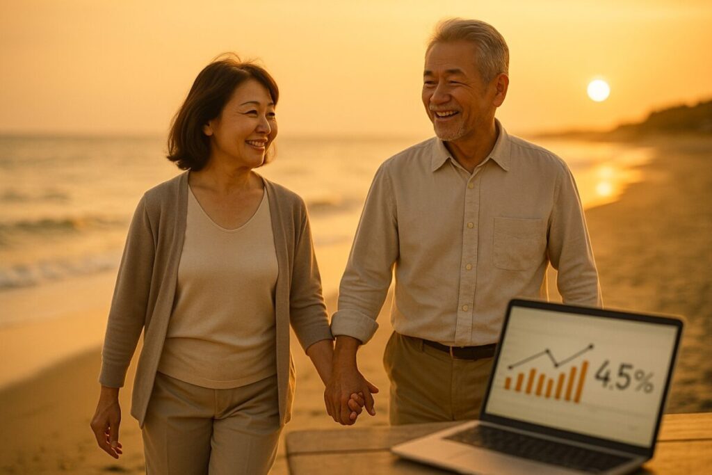 夕暮れの海辺を歩く60代夫婦。老後の安心と自由の象徴