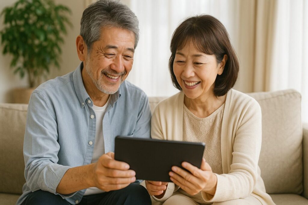 シニア夫婦がタブレットで不動産クラウドファンディングを確認している様子