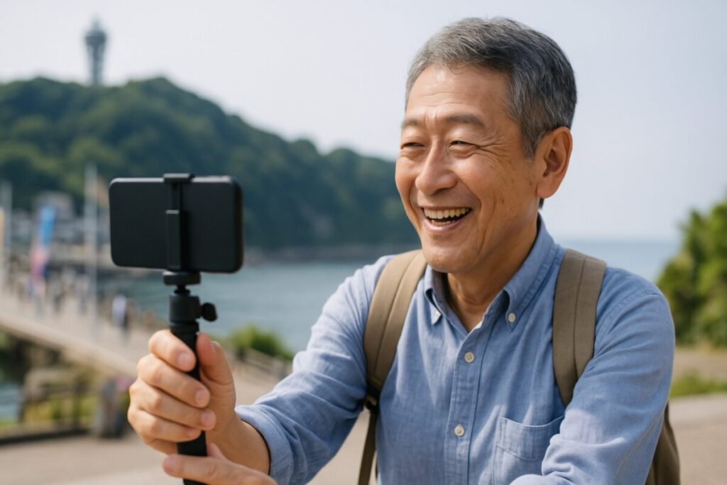 60代男性が旅行先でカメラやスマホを使って動画撮影をしている様子