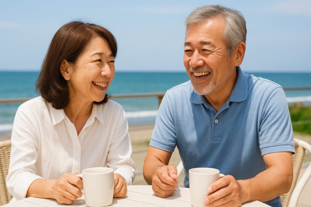 副収入で安心した生活を送る60代夫婦が笑顔で未来を語る様子