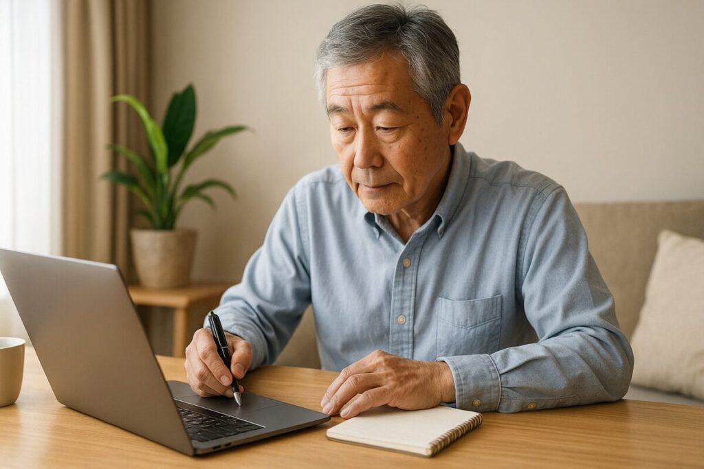 60代男性が自宅でパソコンを使い、ブログ副業に取り組む様子