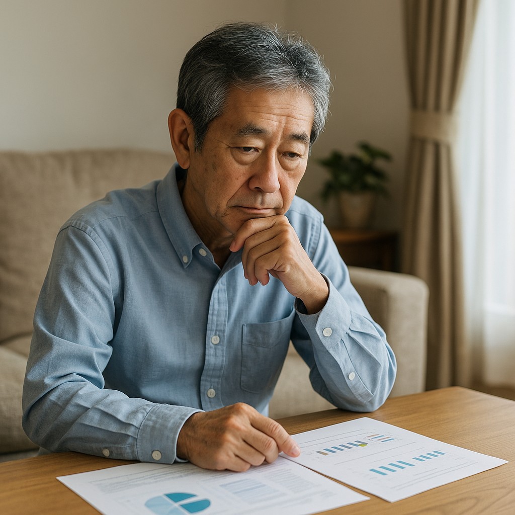 投資に不安を感じるシニア男性が資料を見て考える