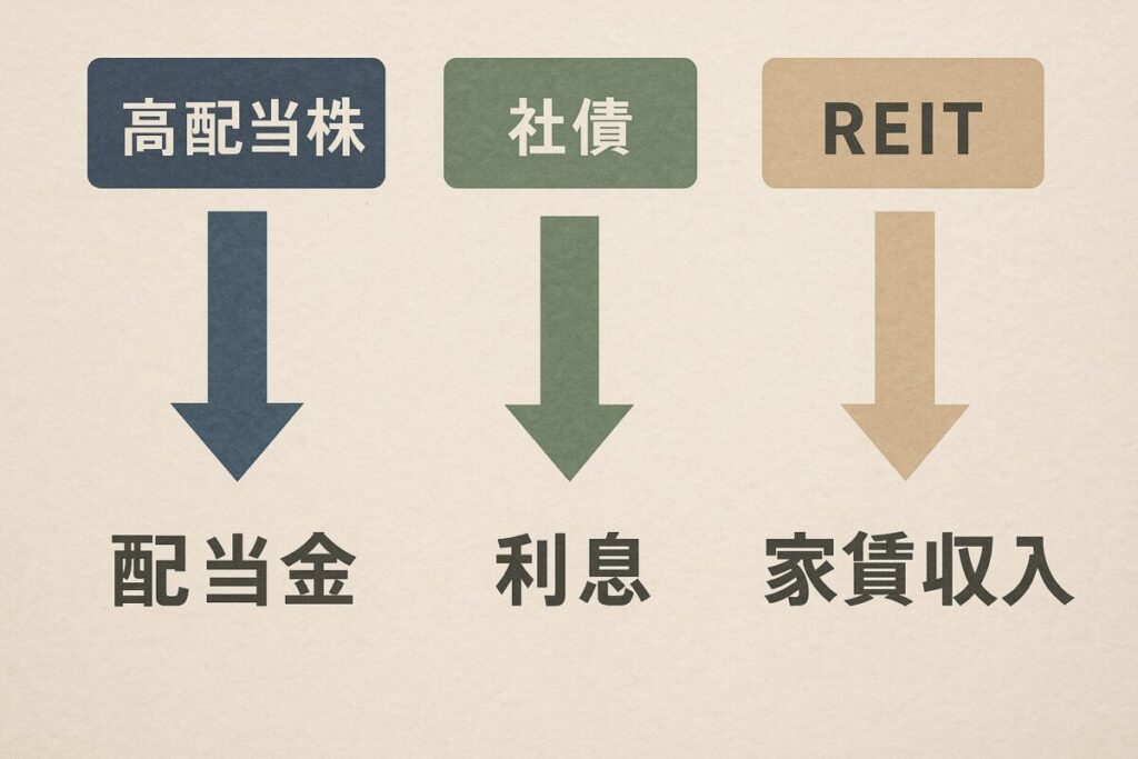 高配当株・社債・REITの仕組みをシンプルに示したビジュアル